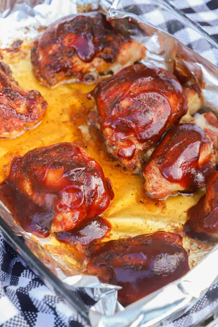 Baked BBQ Chicken Thighs in the casserole dish
