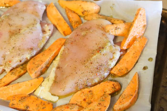 One Pan Chicken and Sweet Potato Bake in the pan before baking