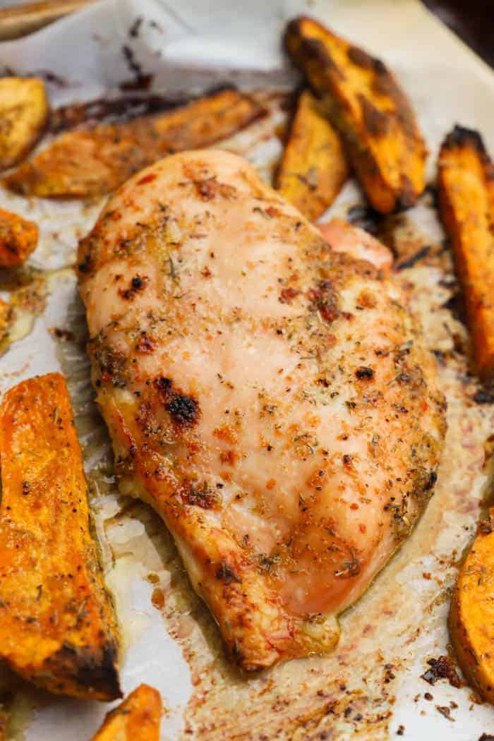 One Pan Chicken and Sweet Potato Bake on a sheet pan