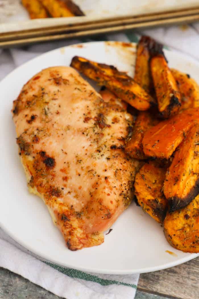 One Pan Chicken and Sweet Potato Bake on a white plate