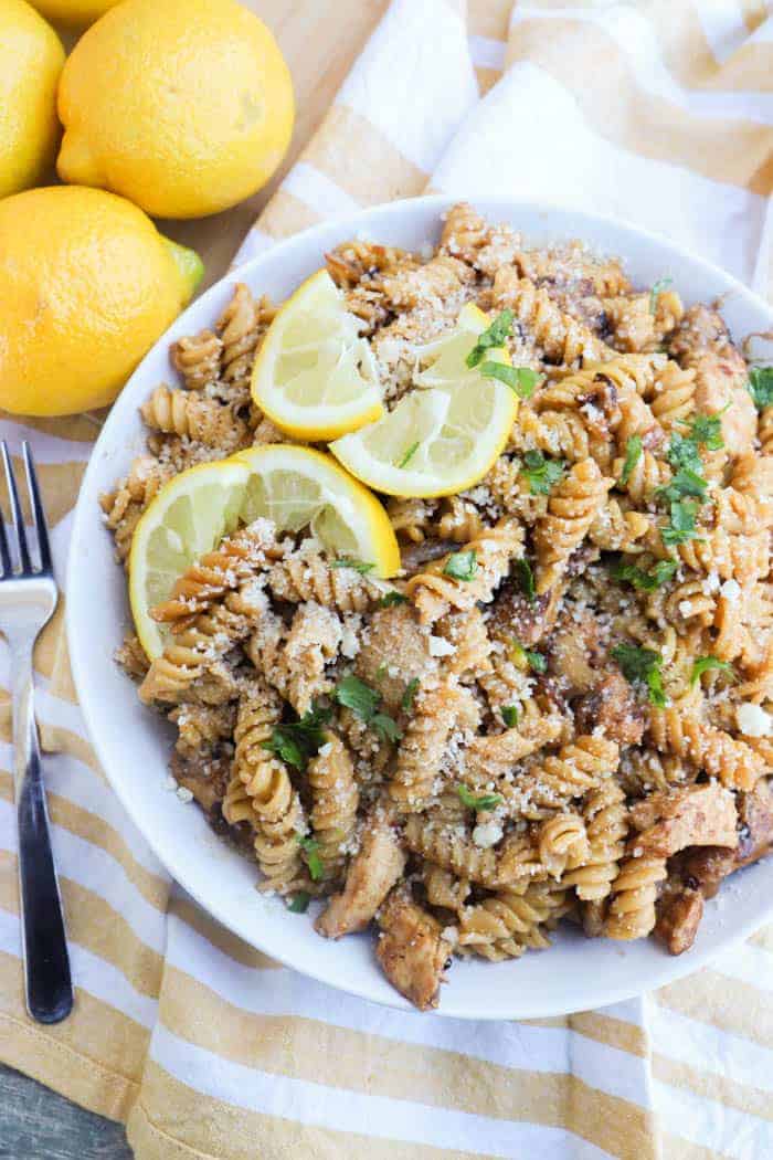 Parmesan Lemon Pasta and Chicken in a white bowl