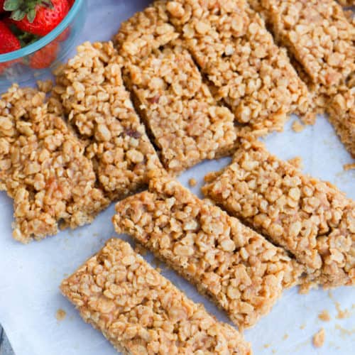Peanut Butter and Jelly Rice Krispies Breakfast Bar on parchment paper