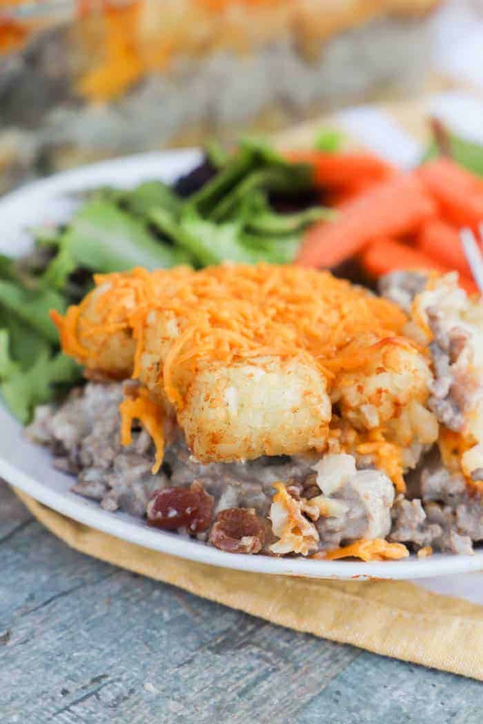 Tater Tot Bacon Cheeseburger Casserole on a plate