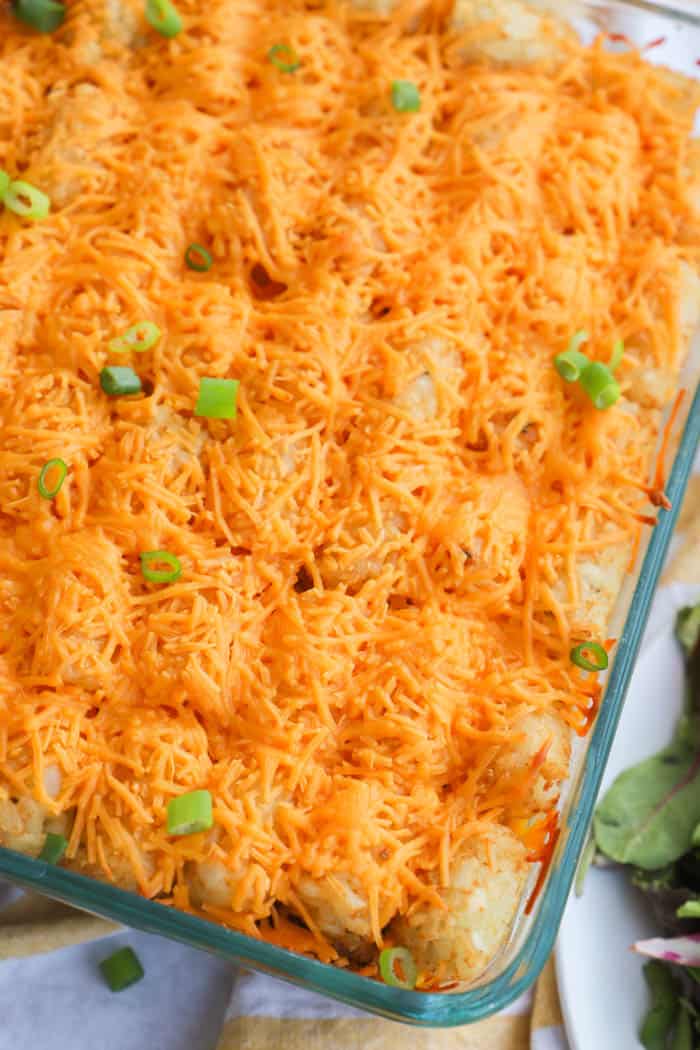 Tater Tot Bacon Cheeseburger Casserole in a casserole dish