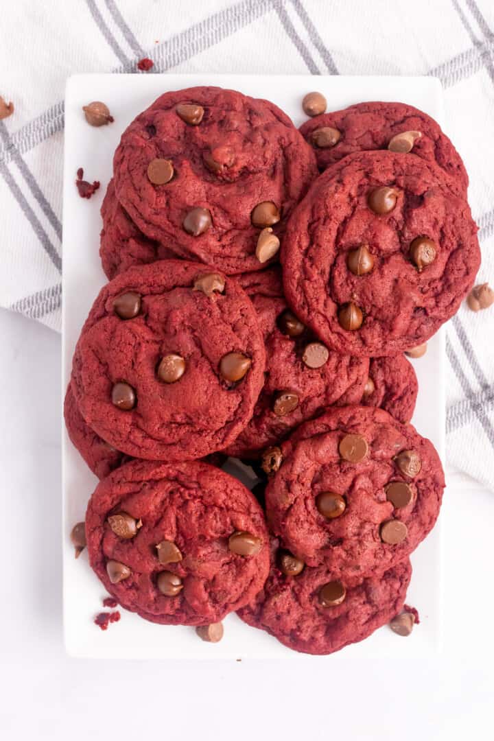 Red Velvet Chocolate Chip Cookie on white serving tray