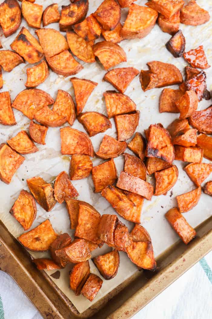 Cinnamon Sugar Roasted Sweet Potatoes on the baking dish