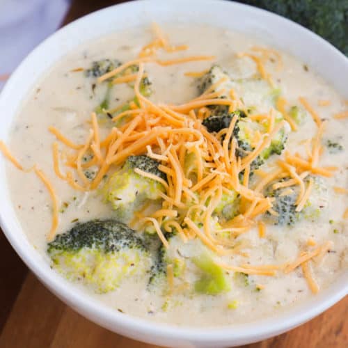 Broccoli Cheese Soup in a whit4e bowl