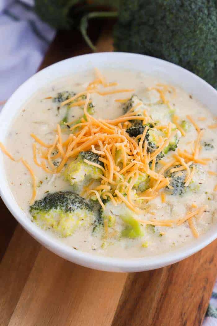 Broccoli Cheese Soup in a white bowl