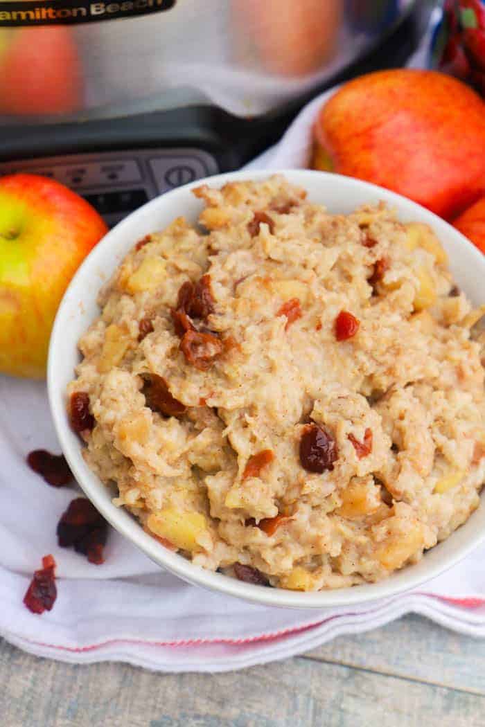 Slow Cooker Cranberry Apple Oatmeal in a white bowl