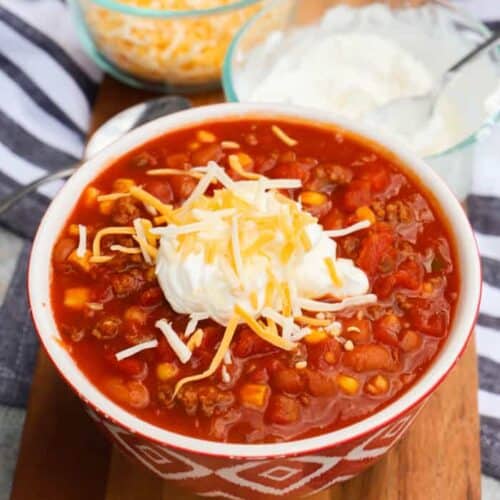 Super Simple Chili in a red bowl