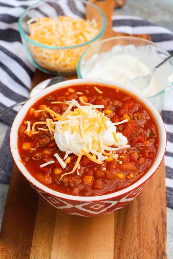 Super Simple Chili in a red bowl