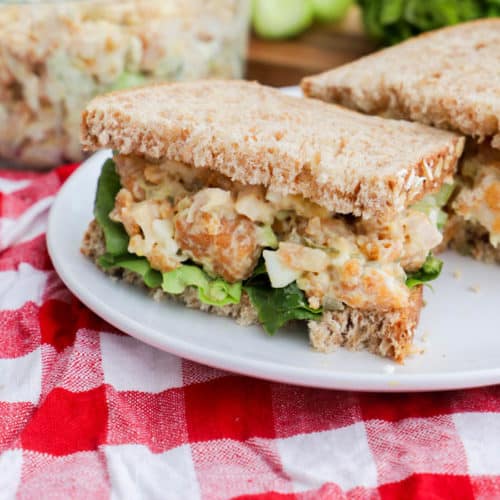 Chick-Fil-A Chicken Salad Recipe on a white plate with a red napkin