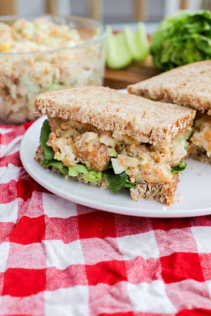 Chick-Fil-A Chicken Salad Recipe on a white plate with a red napkin