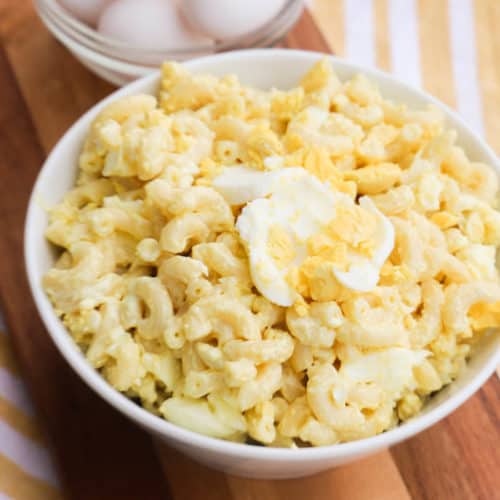 Deviled Egg Pasta Salad in a white bowl