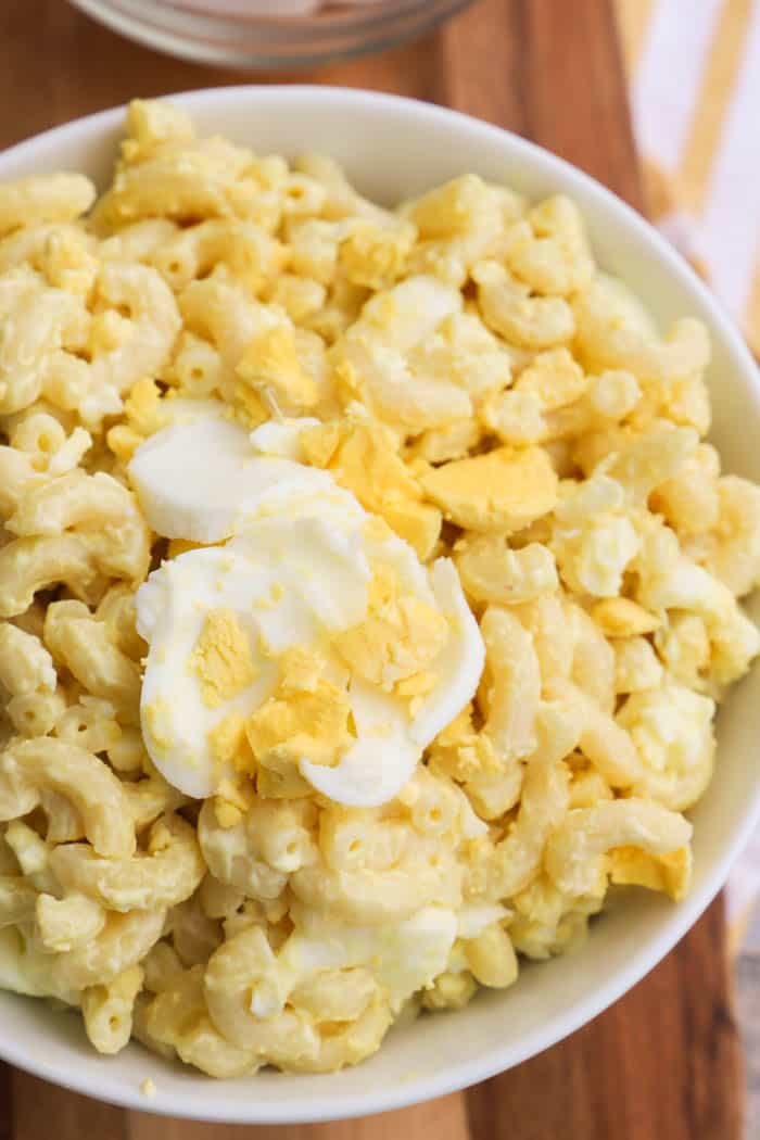 close up Deviled Egg Pasta Salad with egg on top.