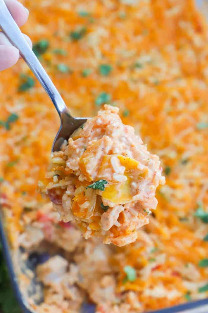 Fajita Chicken and Rice Casserole on a serving spoon