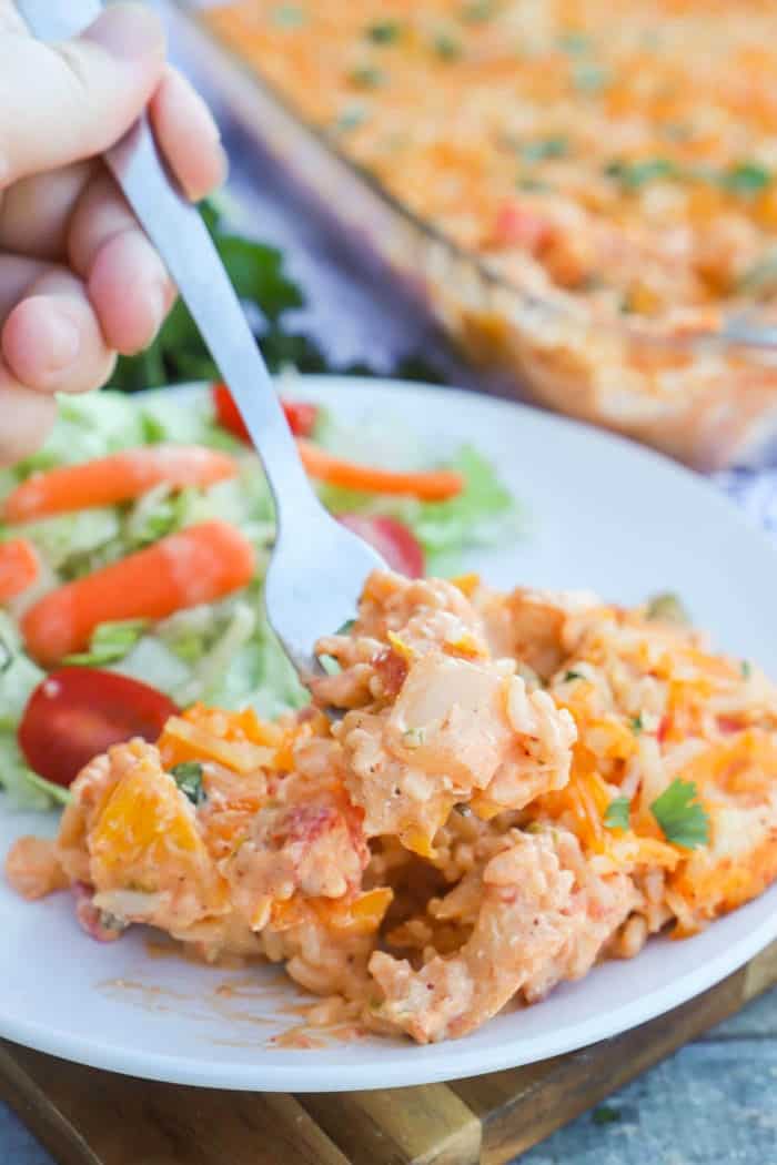 Fajita Chicken and Rice Casserole on a plate with side salad