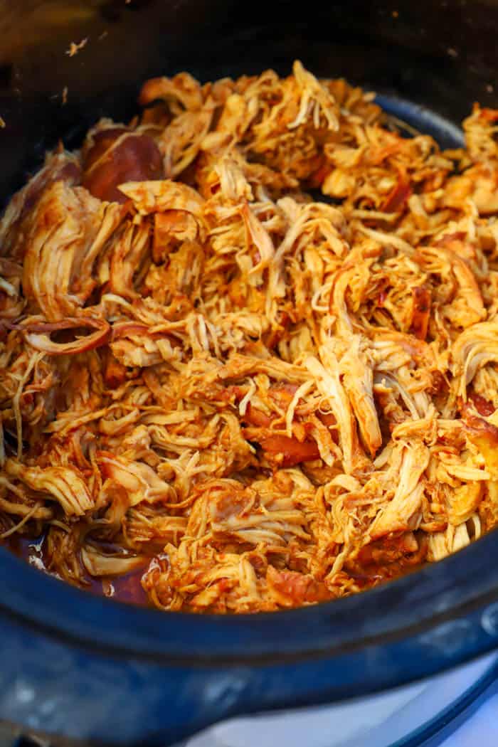 cooked chicken shredded in the slow cooker