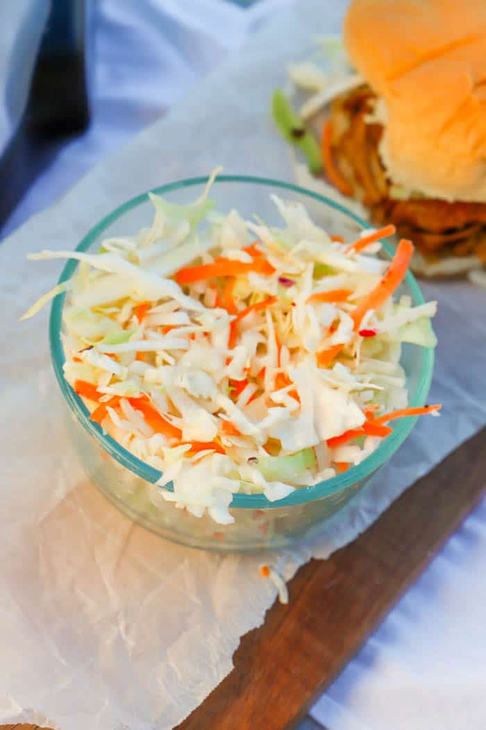 homemade slaw in a clear bowl