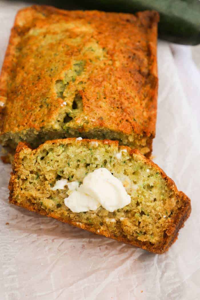Zucchini Bread sliced with butter