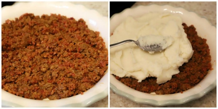 adding beef to pie pan and spooning mashed potatoes