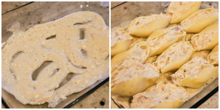 adding to the bottom of casserole dish and filling with stuffed shells.