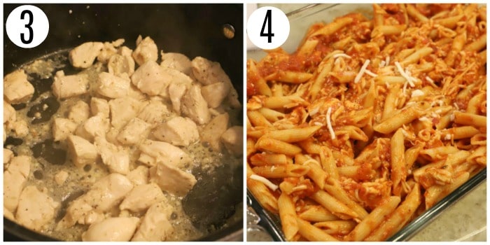 cooking chicken and pasta in casserole dish