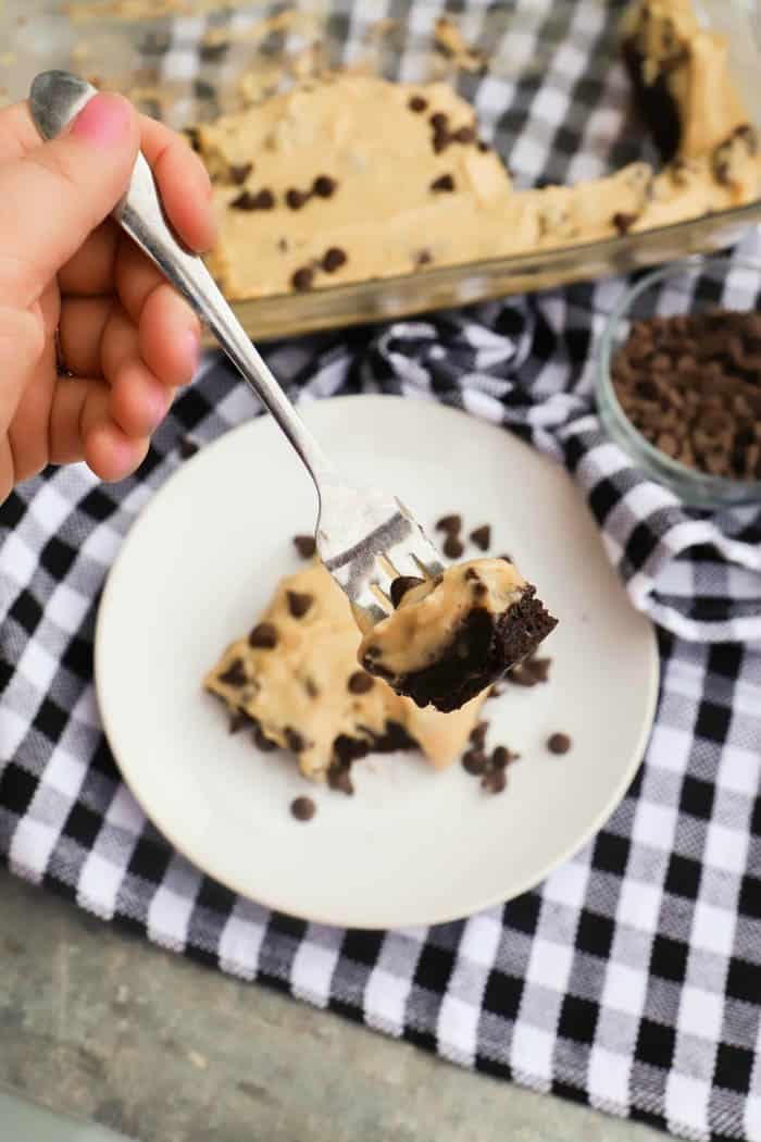 Chocolate Chip Cookie Dough Frosted Brownies on a fork