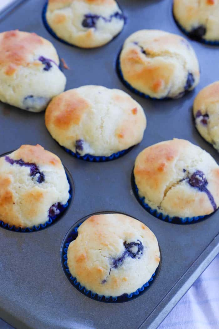 Greek Yogurt Blueberry Muffins in the pan cooked