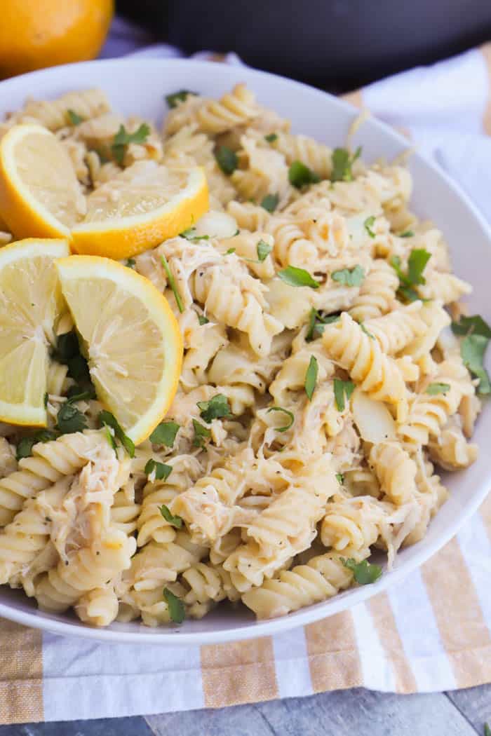 Lemon Pepper Chicken and Rotini with sliced lemons on top