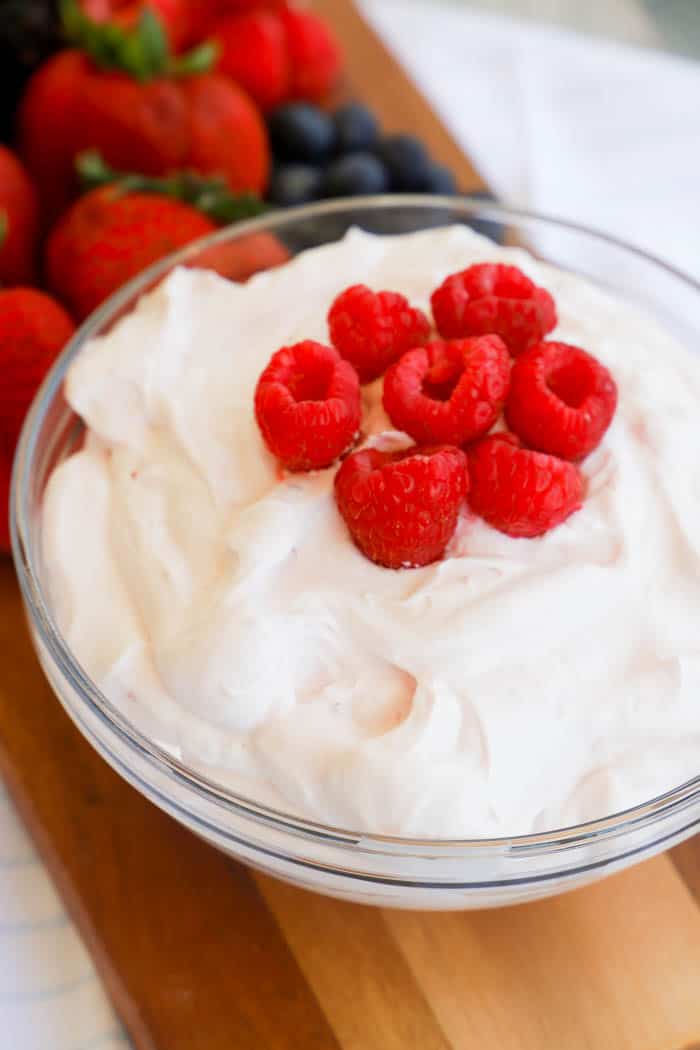 Raspberry Fruit Dip in a glass bowl