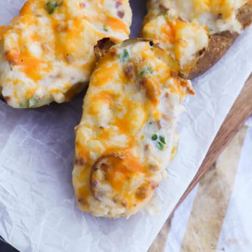Twice Baked Potatoes on a cutting board