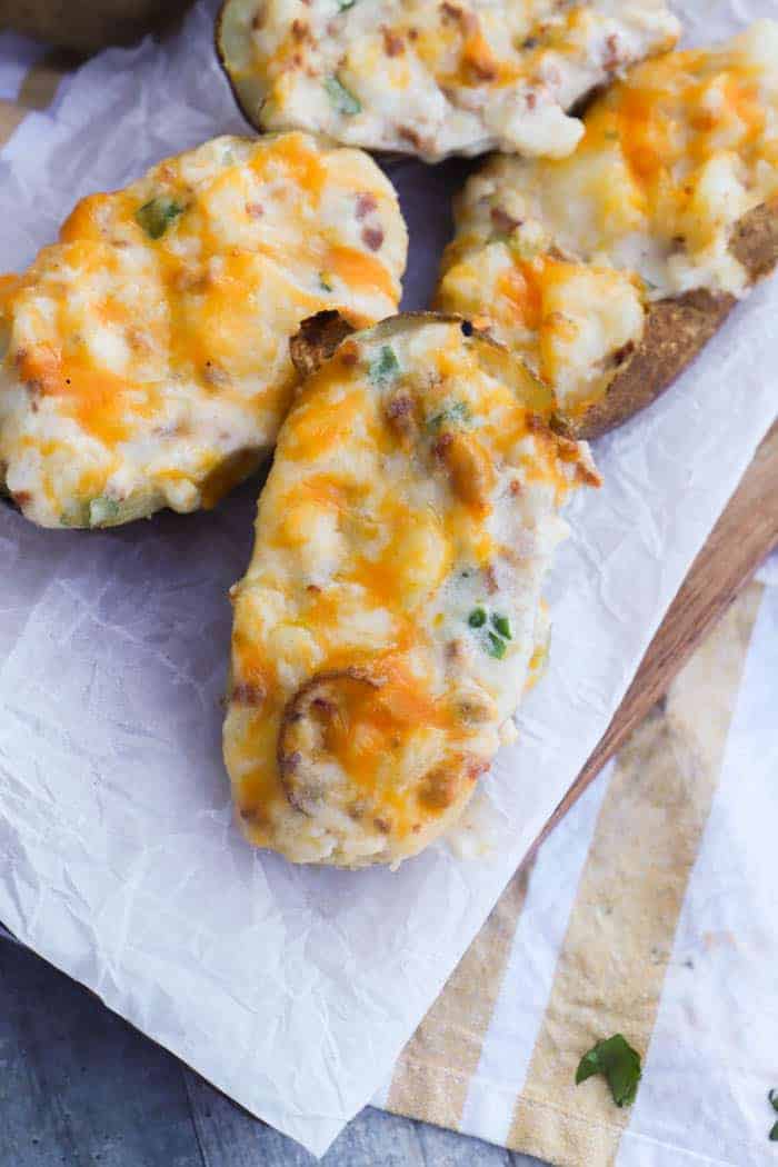 Twice Baked Potatoes on a cutting board