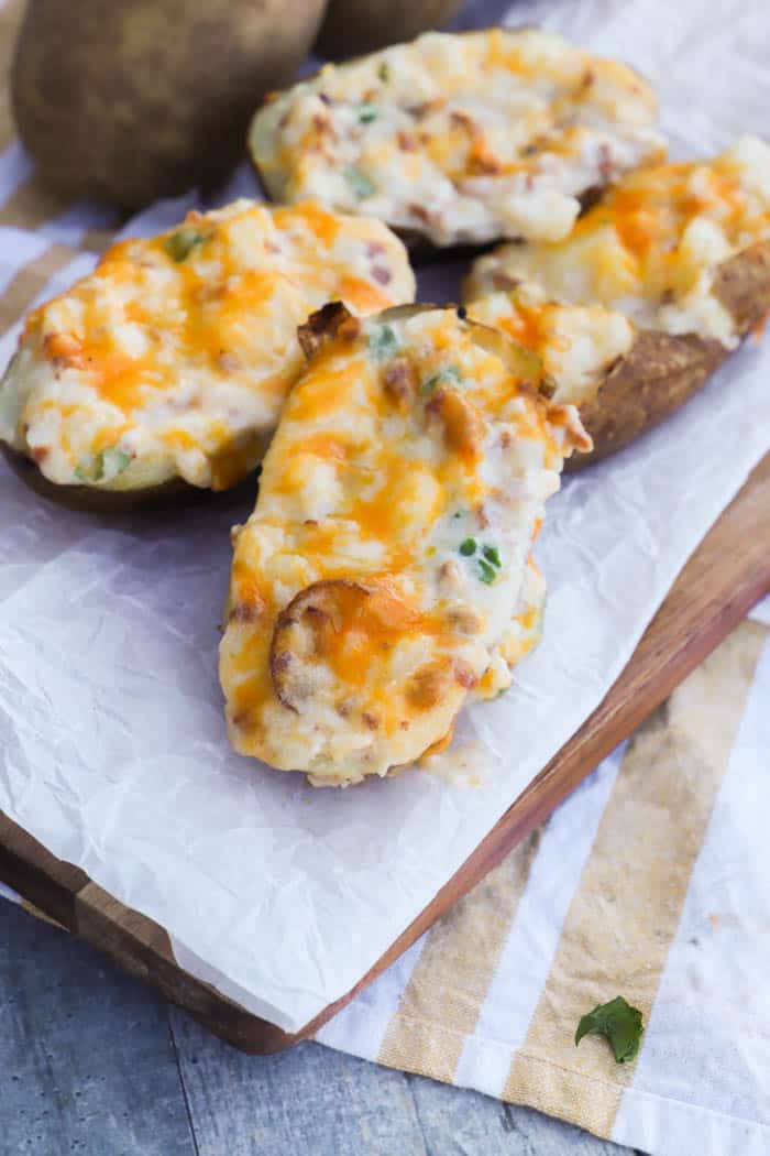 Twice Baked Potatoes on a serving tray. 