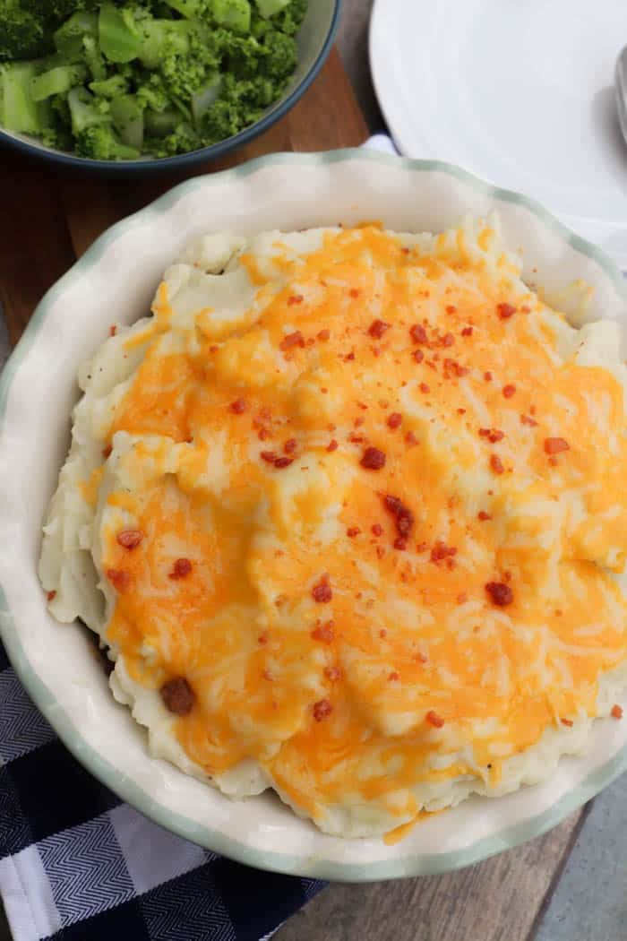 Bacon Cheeseburger Shepherd's Pie in a pie pan