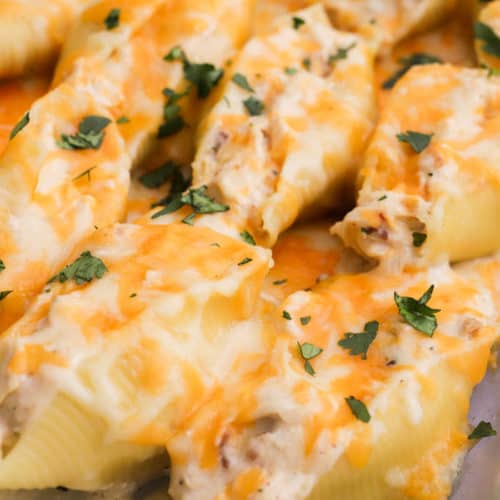 Chicken Bacon Ranch Stuffed Shells in a casserole dish