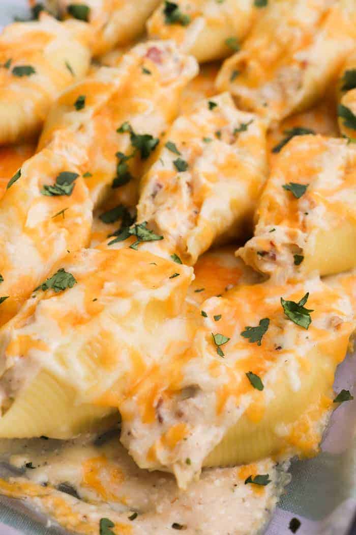 Chicken Bacon Ranch Stuffed Shells in a casserole dish