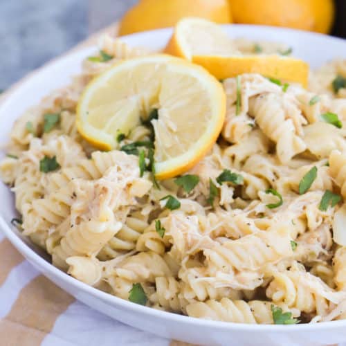 Lemon Pepper Chicken and Rotini in a white bowl