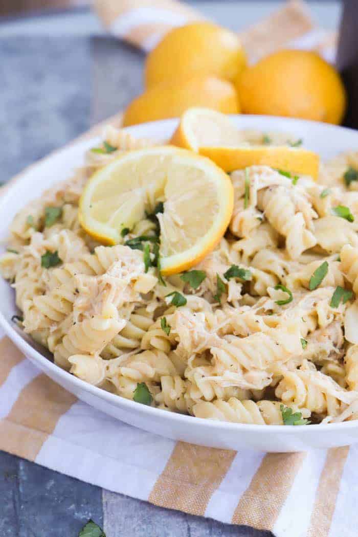 Lemon Pepper Chicken and Rotini in a white bowl