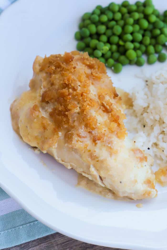 SlowCooker Ritz Chicken on a white plate