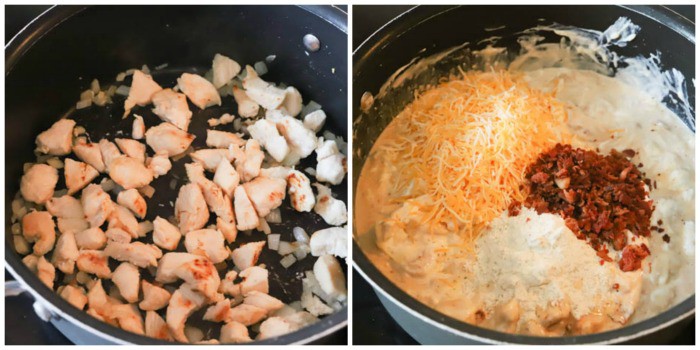 process shots making chicken and adding in cheese in bacon to pot