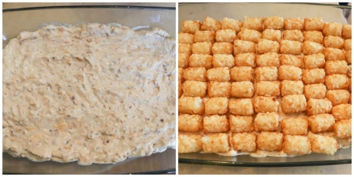 adding filling and tater tots to the casserole dish process picture