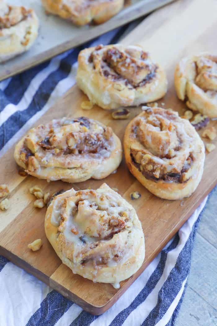 Sweet Breakfast Pinwheels on a wooden cutting board