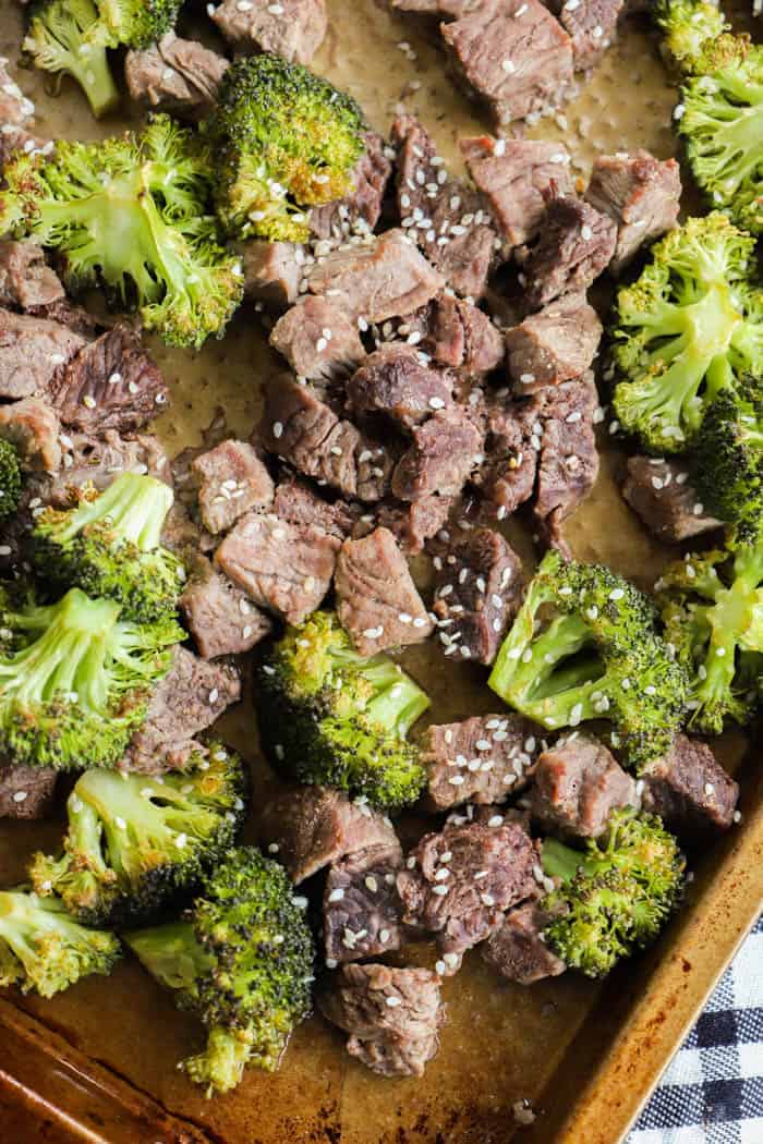 Sheet Pan Beef and Broccoli on a pan 