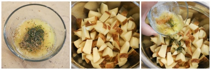 dicing potatoes and adding seasonings