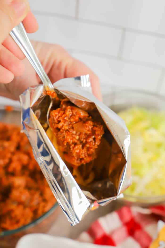 adding ground beef to Walking Tacos