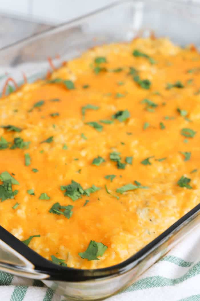 Cheesy Ranch Chicken and Rice Casserole in a casserole dish