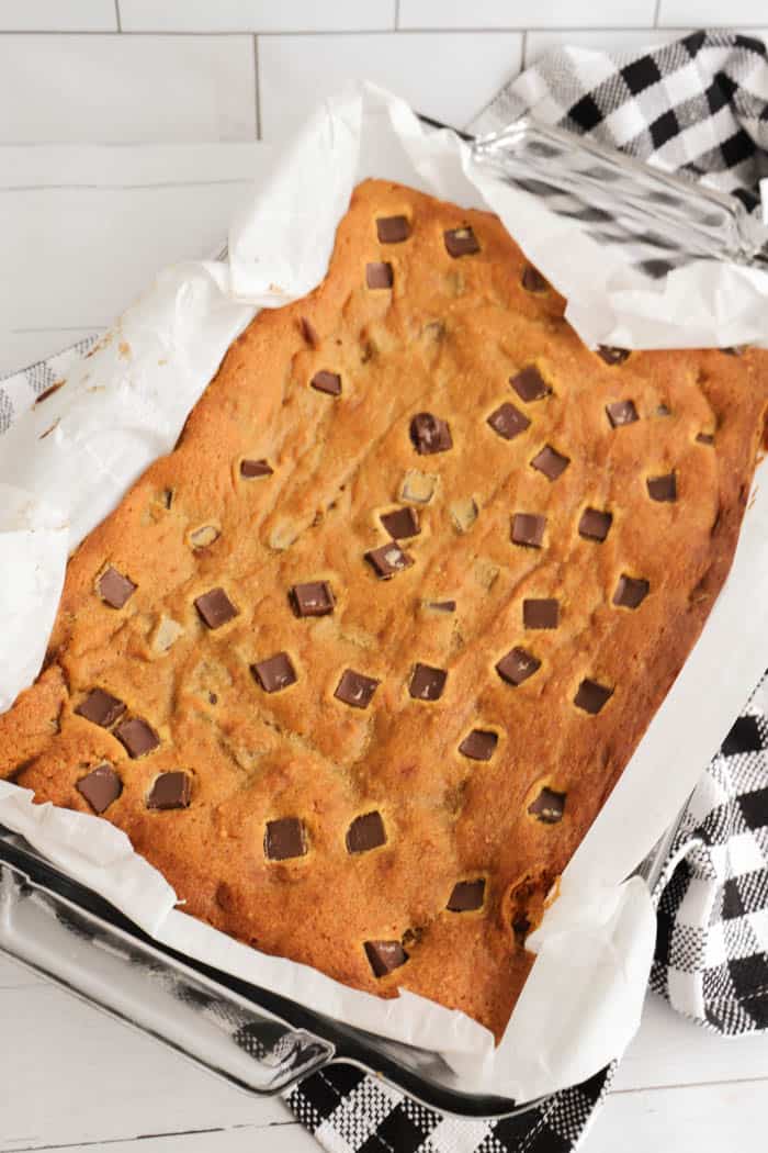 Chocolate Chip Pumpkin Bars in baking dish before cutting