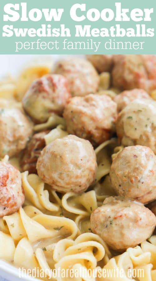 A Close up of Slow Cooker Swedish Meatballs and noodles
