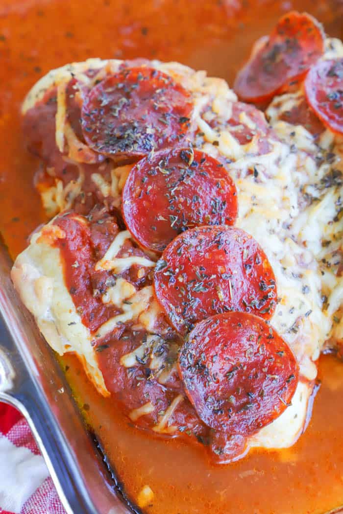 Pizza Stuffed Chicken in a casserole dish